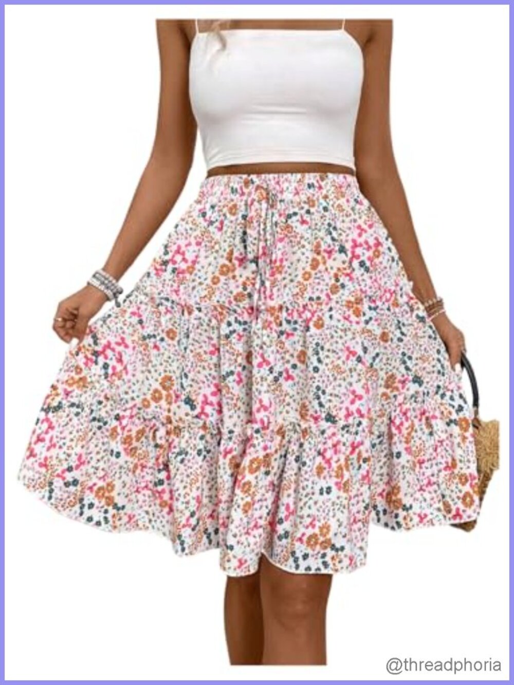 Boho Floral Tiered Ruffle Skirt Midi Summer Flowy Flared Knee Length